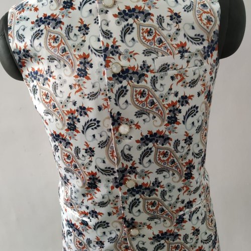 Men Cotton White Paisley Printed Nehru Jacket