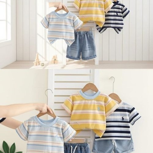 Boys White Striped T Shirt With Denim Short