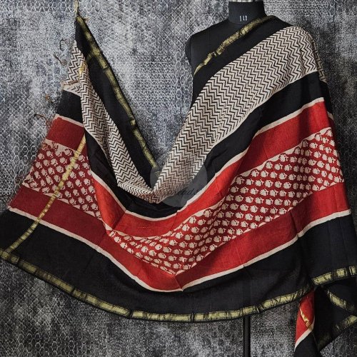 Beige Red and Black Chanderi Block Print Dupatta