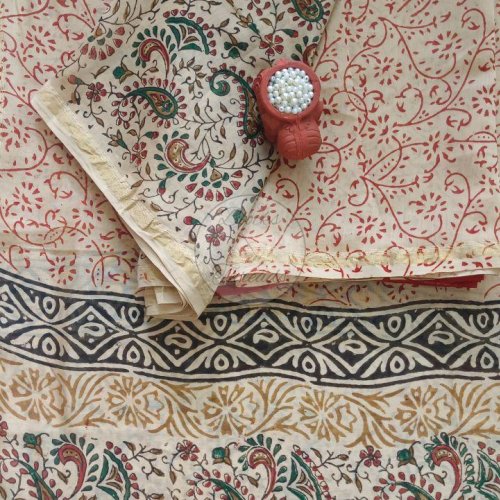 Beige Red and Green Kalamkari Block Print Chanderi Suit Material