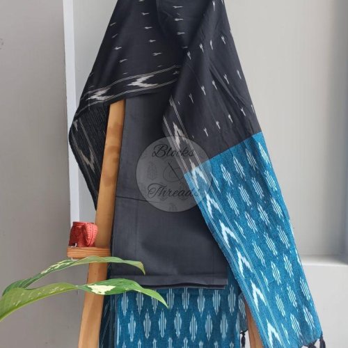 Black and Green Ikat Weave Cotton Unstitched Suit