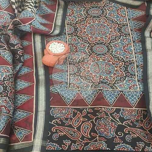 Black and Maroon Chanderi Ajrakh Print Suit Material