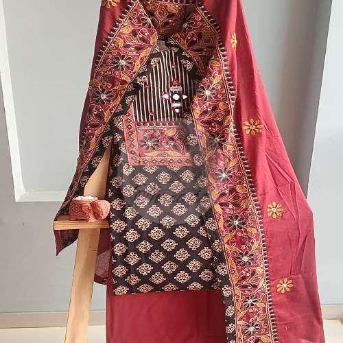 Black and Maroon Gamthi Print Cotton Suit Material