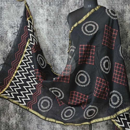Black Maroon and White Chanderi Block Print Dupatta