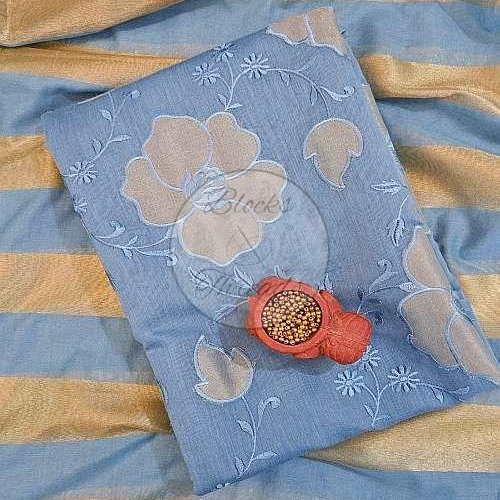 Blue and Gold Mul Chanderi Suit Material with Striped Dupatta