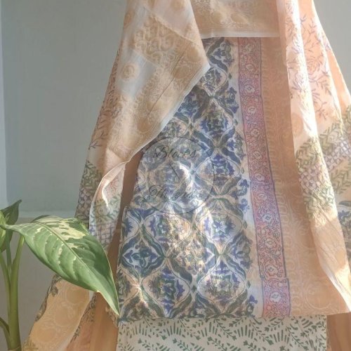 Blue and Green Kalamkari Block Print Cotton Suit Material