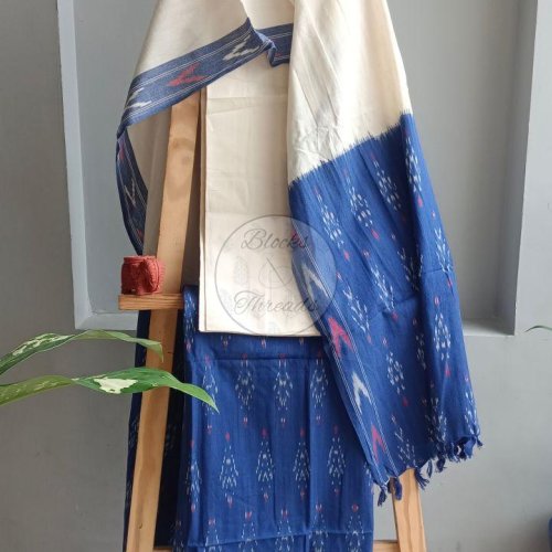 Blue and Off White Cotton Ikat Weave Unstitched Suit