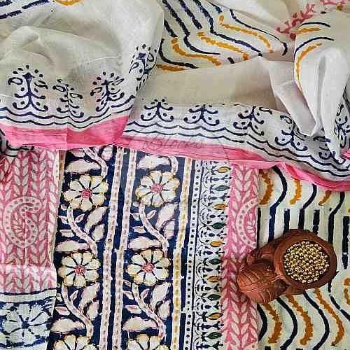 Blue and Pink Yoke Embroidered Baroda Print Cotton Suit Material