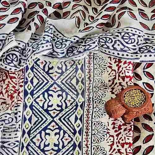 Blue and Red Hand Embroidered Yoke Baroda Print Cotton Suit Material