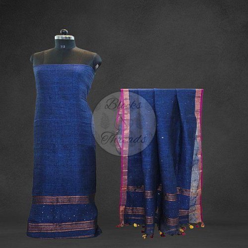 Blue Linen Jamdani Handloom Suit Material