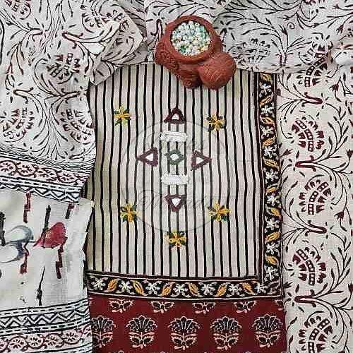Brick Red and Off White Gamthi Print Cotton Suit Material