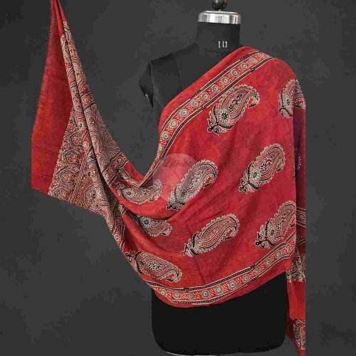 Brick Red Blue and Black Ajrakh Print Mul Cotton Stole