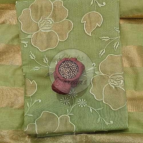 Green and Gold Mul Chanderi Suit Material with Striped Dupatta