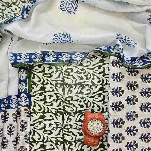 Green and Indigo Baroda Print Cotton Suit Material