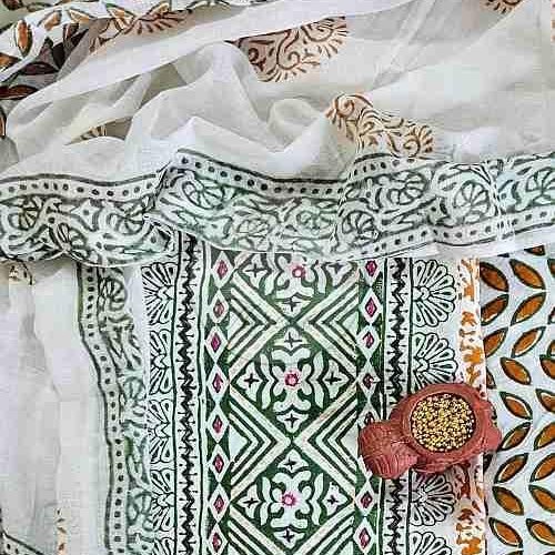 Green and Mustard Hand Embroidered Baroda Printed Cotton Suit Material