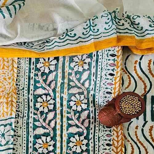 Green and Mustard Hand Embroidered Yoke Baroda Print Cotton Suit Material