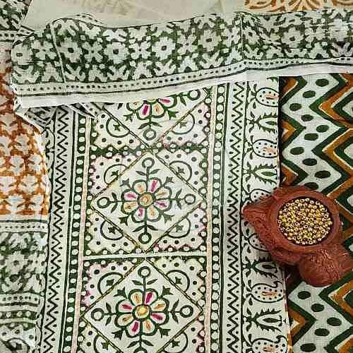 Green and Mustard Yoke Embroidered Baroda Print Cotton Suit Material