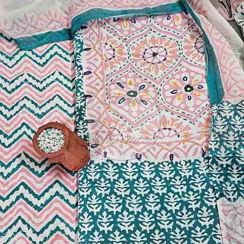 Green and Pink Baroda Print Cotton Suit Material
