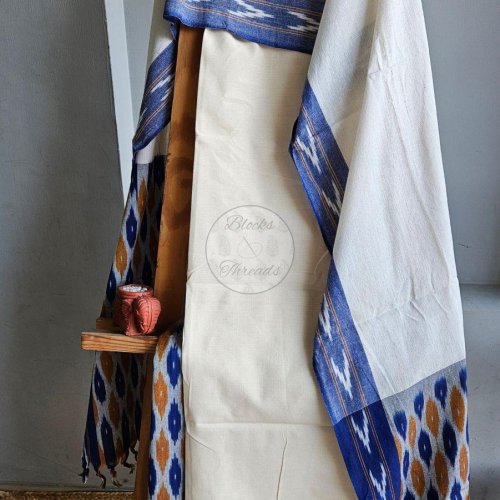 Grey and off White Ikat Weave Cotton Unstitched Suit