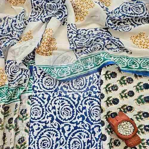 Indigo and Green Baroda Print Cotton Suit Material