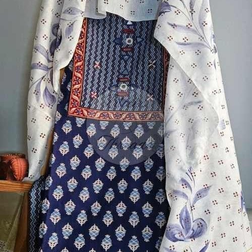 Indigo Neck Yoke Gamthi Print Cotton Suit Material
