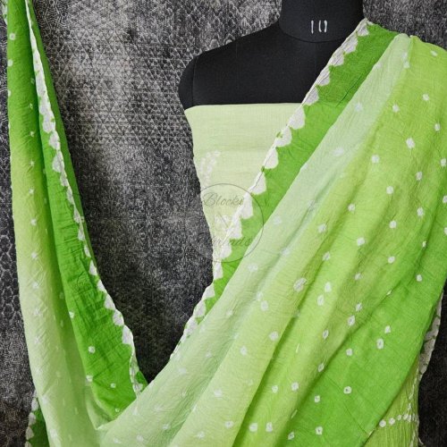 Light Green Bandhani Cotton Crepe Suit Material