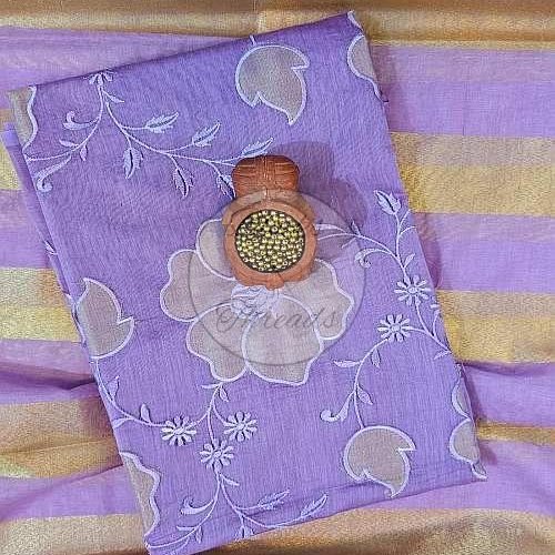 Lilac and Gold Mul Chanderi Suit Material with Striped Dupatta