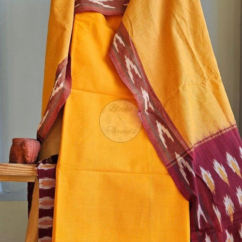 Maroon and Mustard Ikat Weave Unstitched Cotton Suit