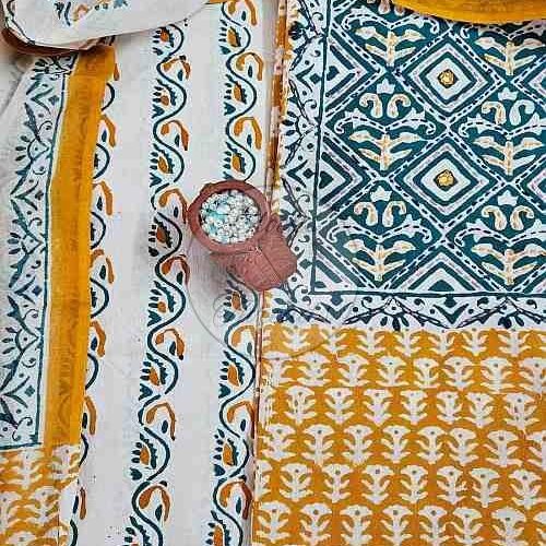 Mustard and Blue Baroda Print Cotton Suit Material