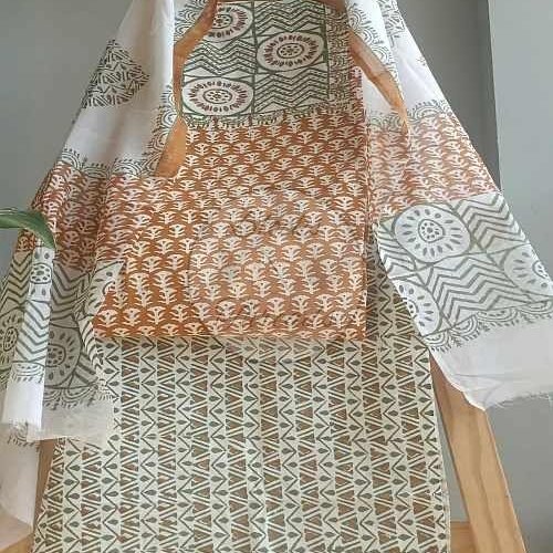 Mustard and Green Baroda Cotton Printed Suit Material