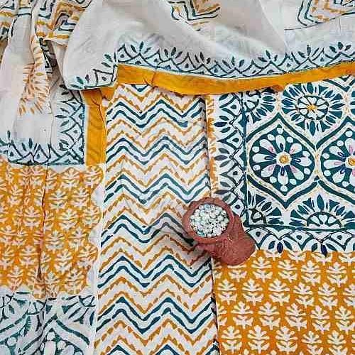 Mustard and Green Baroda Print Cotton Suit Material