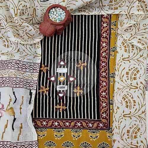 Mustard and Off White Gamthi Print Cotton Suit Material