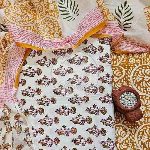 Mustard and Pink Baroda Print Cotton Suit Material