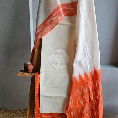 Orange and off White Cotton Ikat Weave Unstitched Suit