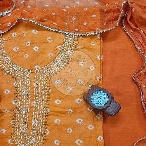 Orange and White Bandhani Cotton Suit Material with Chiffon Dupatta