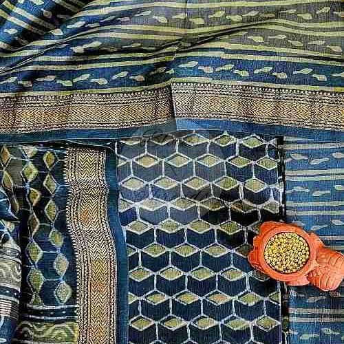 Peacock and Sage Green Maheshwari Silk Cotton Suit Material