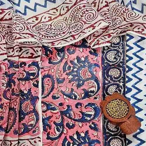 Pink and Blue Baroda Print Cotton Suit Material