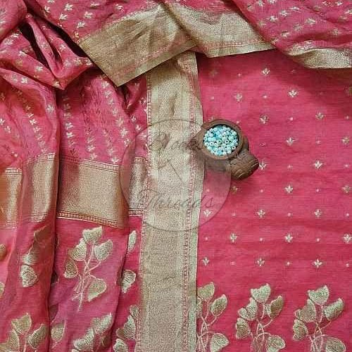 Pink and Gold Zari Weaved Chanderi Suit Material