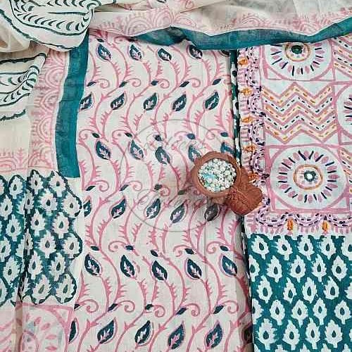 Pink and Green Baroda Print Cotton Suit Material