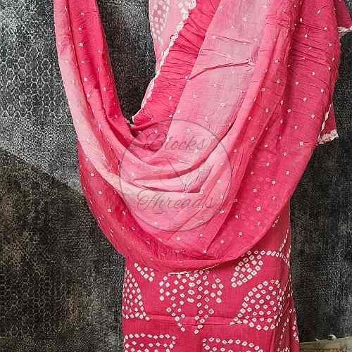 Pink Bandhani Cotton Suit Material with Mul Cotton Dupatta