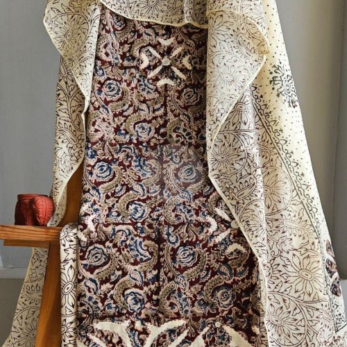 Pure Cotton Maroon Printed Kalamkari Suit with Applique Work