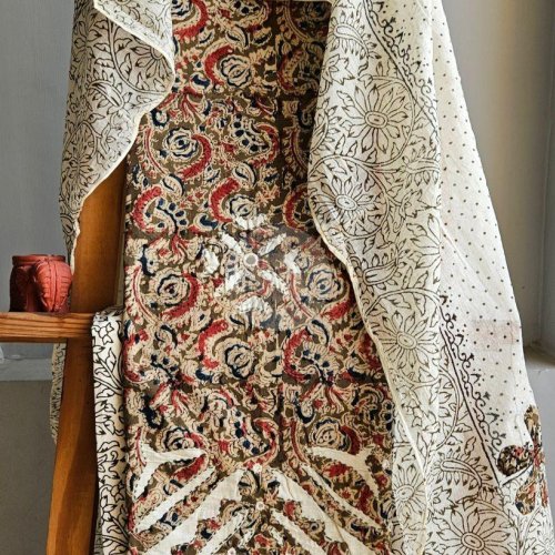 Pure Cotton Rust Green and Blue Kalamkari Suit with Applique Work