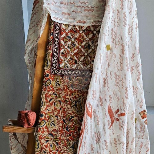 Pure Cotton Rust Green and Blue Kalamkari Suit Material