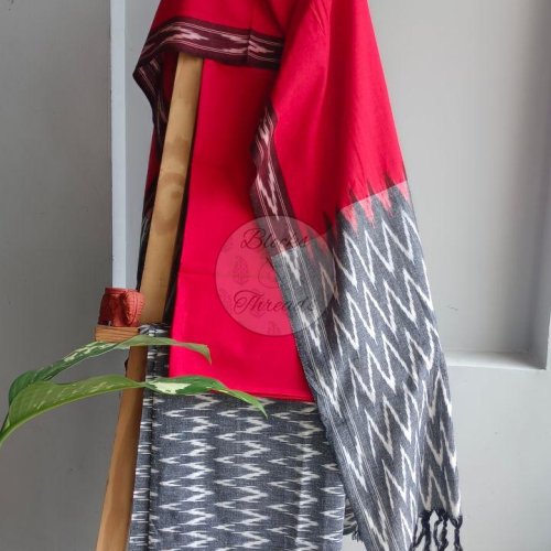 Red and Grey Pochampally Ikat Weave Cotton Unstitched Suit