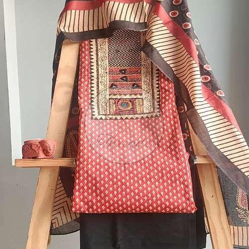 Red,beige and Black Gamthi Print Cotton Suit Material