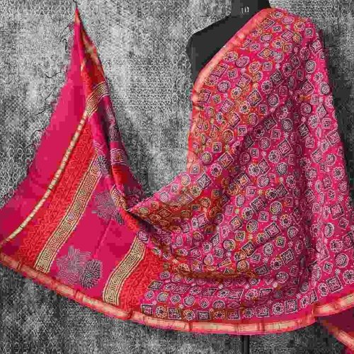 Red Black and Beige Chanderi Block Print Dupatta