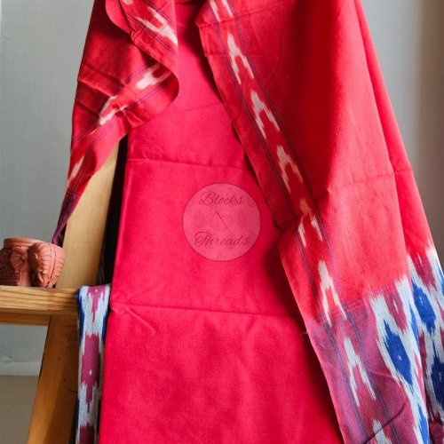 Red Grey and Blue Ikat Weave Unstitched Cotton Suit