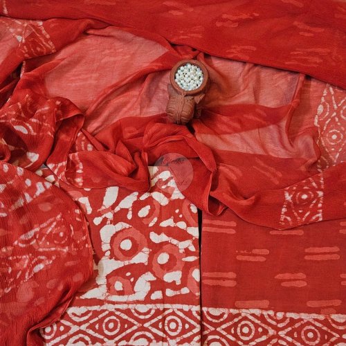 Rust and White Batik Print Cotton Unstitched Suit