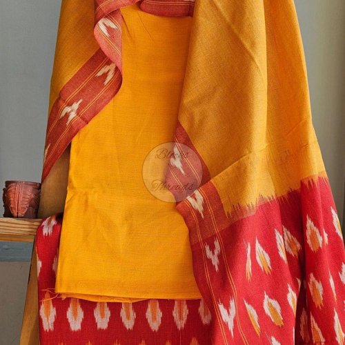 Vermilion and Mustard Ikat Weave Unstitched Cotton Suit