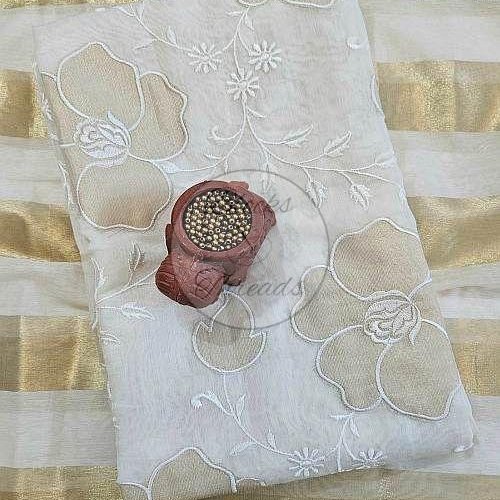 White and Gold Mul Chanderi Suit Material with Striped Dupatta